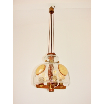 Vintage lampa wisząca szkło drewno mosiądz